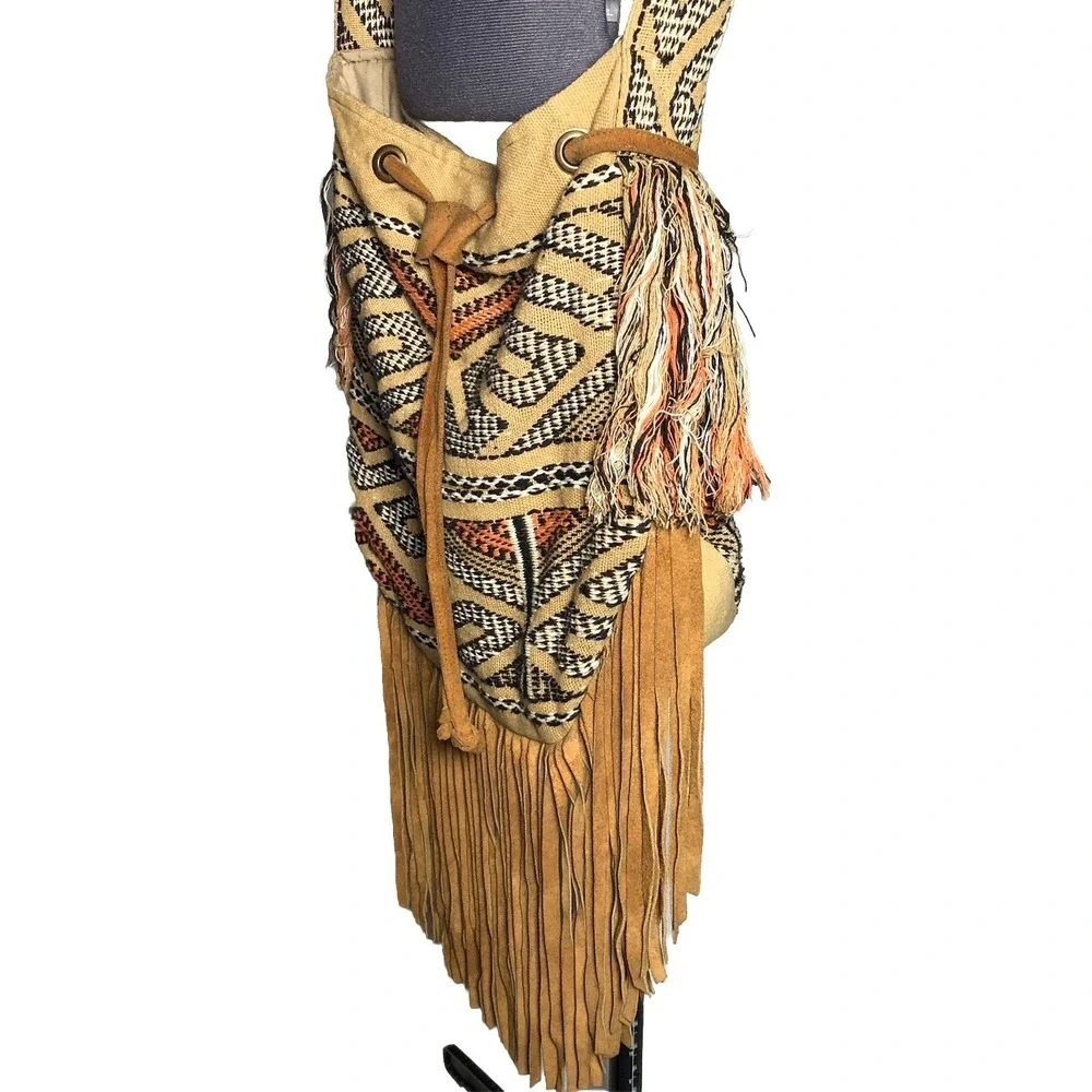Vtg Y2K Boho Crossbody Bag Fringe Woven Festival Coachella Tribal a+p Denim - Picture 2 of 16